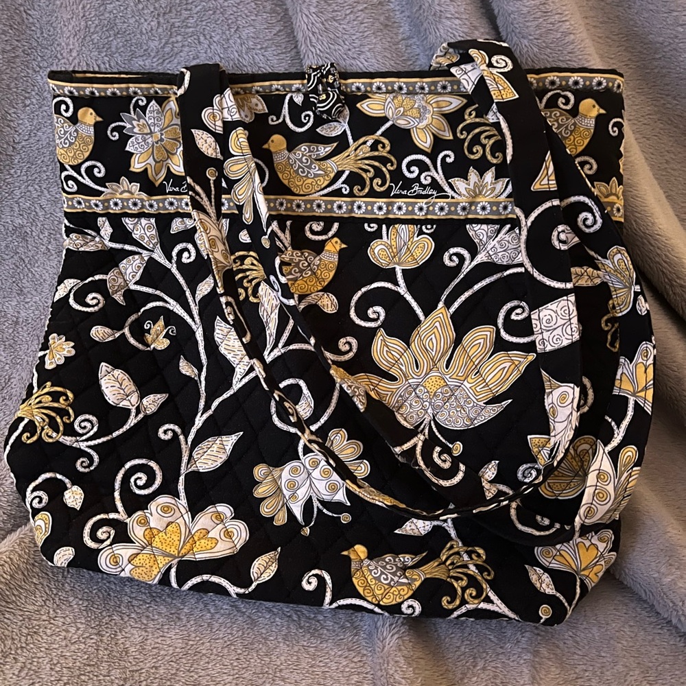Vera Bradley black and yellow patterned large tote with accessories